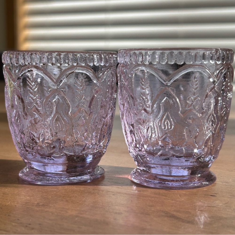 Set of 2 Embossed Lavender Glass Votive Holders, Romantic & Whimsical